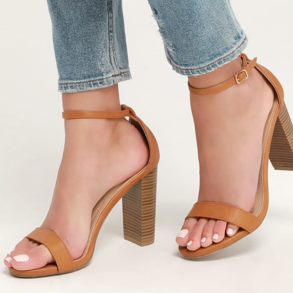 Taylor Camel Stacked Ankle Strap Heels